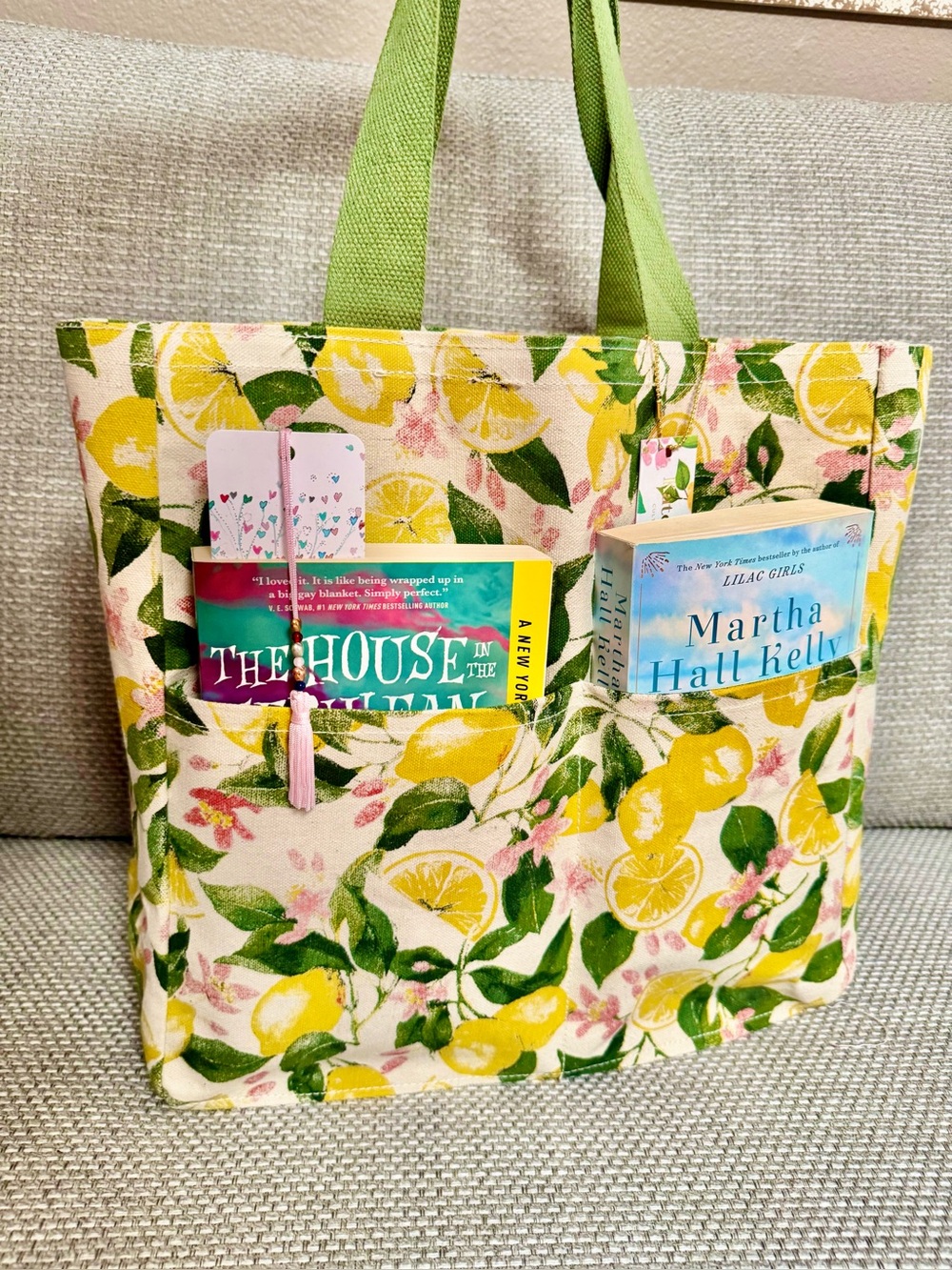 Lemon 🍋 Print Canvas Book Bag Tote Shoulder Bag Pink Florals & Green Leaves NWT
